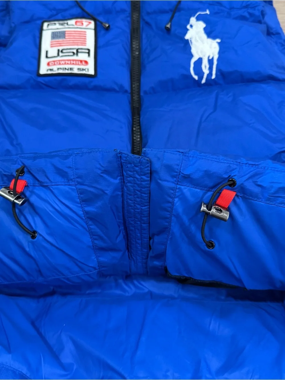 Polo Ralph Lauren Vest Medium Blue Hooded Down Puffer Big Pony USA Ski PRL 67